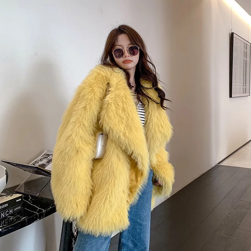 Warm Faux Fur Coat Women Autumn Winter Jacket Elegant Suit Collar Overcoat Loose Fried Street Outerwear Imitation Fox Plush Coat