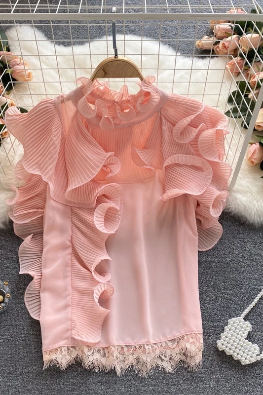 

ALPHALMODA Ruffle Details Women Three Dimensional Pleated Sweet Blouses Fungus Collar Chiffon Shirt Summer Trendy Outfit