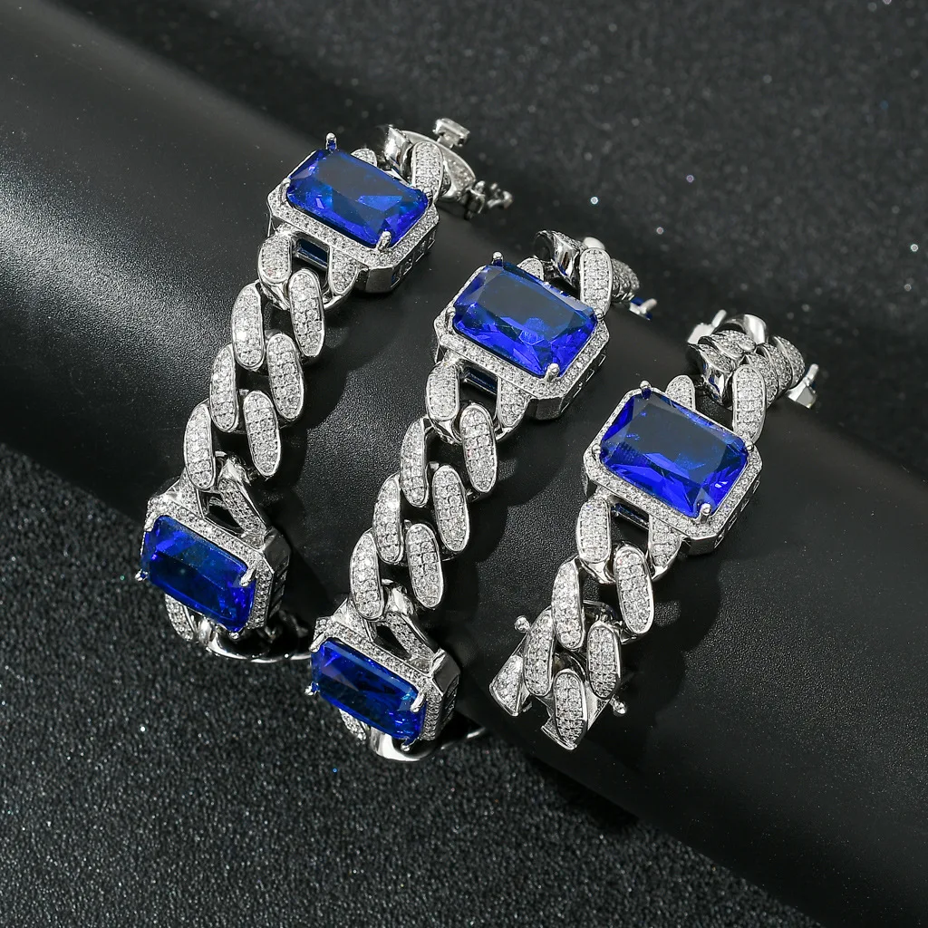 

Hip Hop 13MM Heavy Gold Jewelry Red Stone Iced Out Box Buckle Copper 5A+ CZ 14K Real Gold Plating Chain Bracelet for Mens Gifts