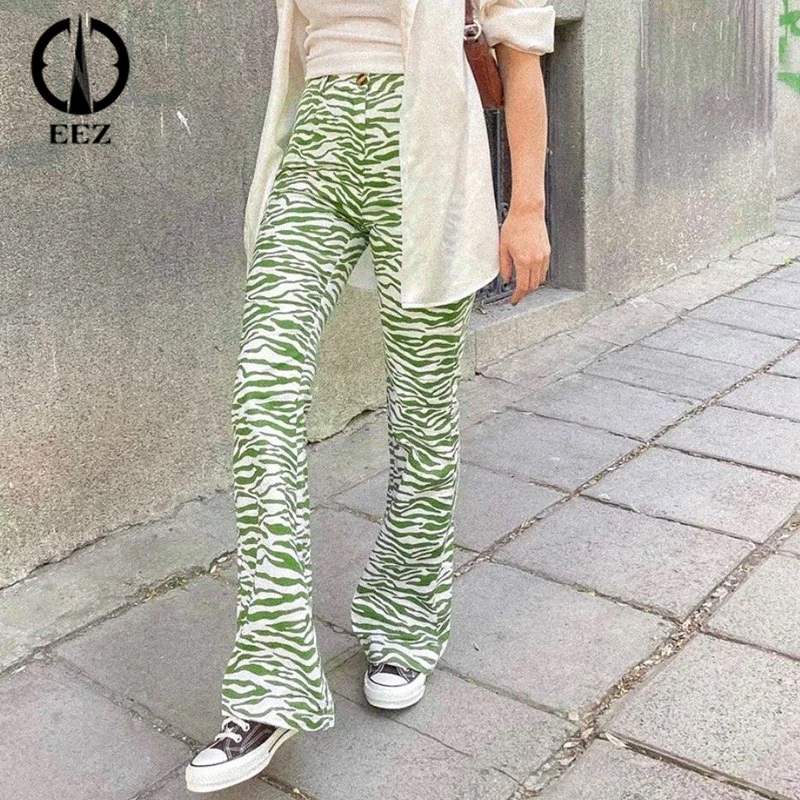 

Green High Waist Flare Pants for Women Wave Stripe Printed Zipper Bottom Fall Slim Streetwear E Girl Punk Trousers Moda Mujer
