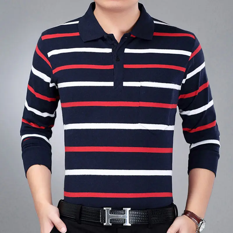 Рубашка-поло мужская с длинным рукавом в полоску размера плюс 4XL повседневная