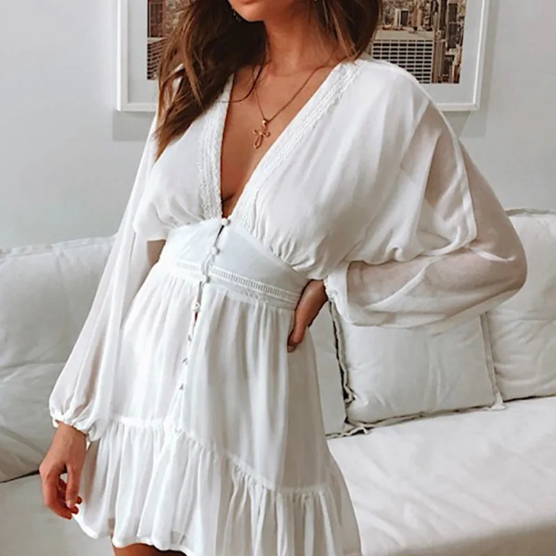 

Women See-through Lace Trim Dress, Adults Button-down Solid Color Lantern Sleeve V-neck