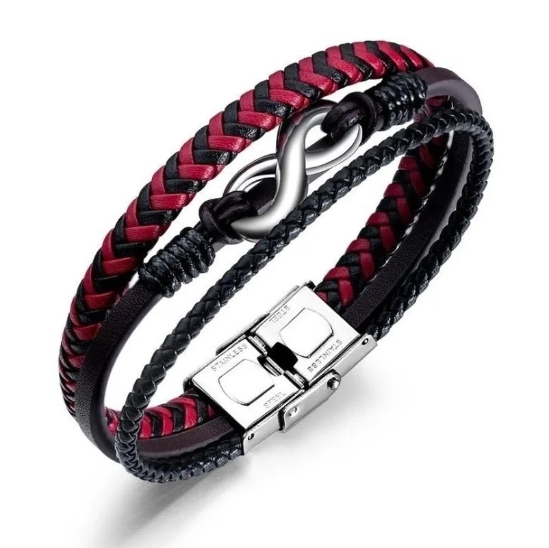 Кожаный браслет из нержавеющей стали MenBracelet красно черная Intercolor кожаные браслеты