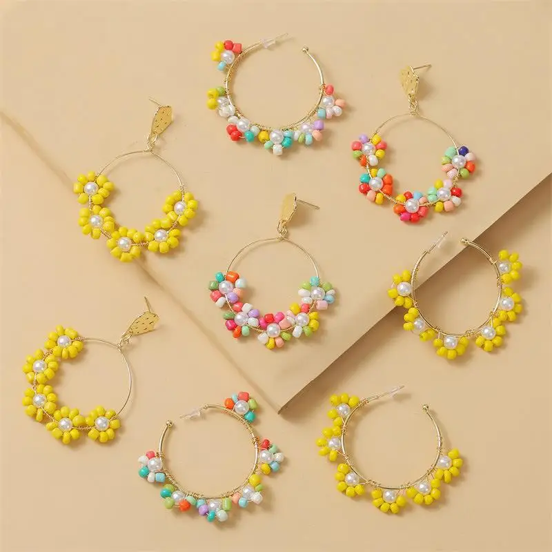 

Модные серьги из бисера, 1 пара, серьги в богемном стиле из бисера с цветами, круглые серьги из бисера, ювелирные изделия, аксессуары для женщ...