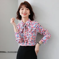 printing shirt office lady blouse female shirt bow tops long sleeve casual korean ol loose blouses women