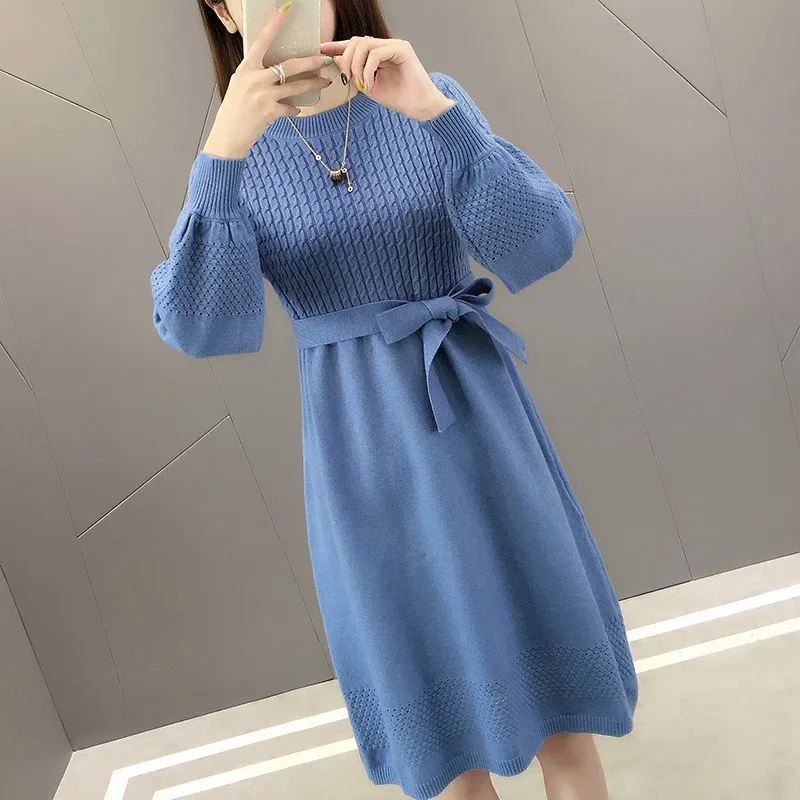 

2020Elegant Women Dress Sweater Autumn Winter Bottom Knitted Dress Pullovers Female Lantern Sleeve Warm Knitwear With Belt M307