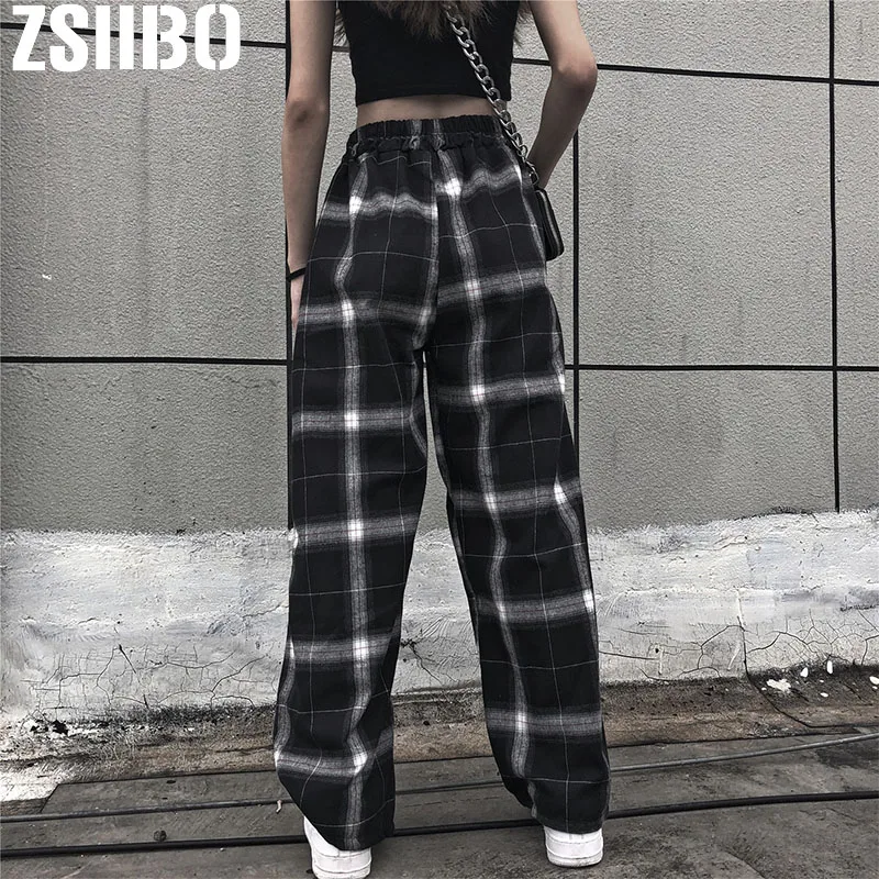 Брюки женские клетчатые с высокой талией повседневные свободные штаны в