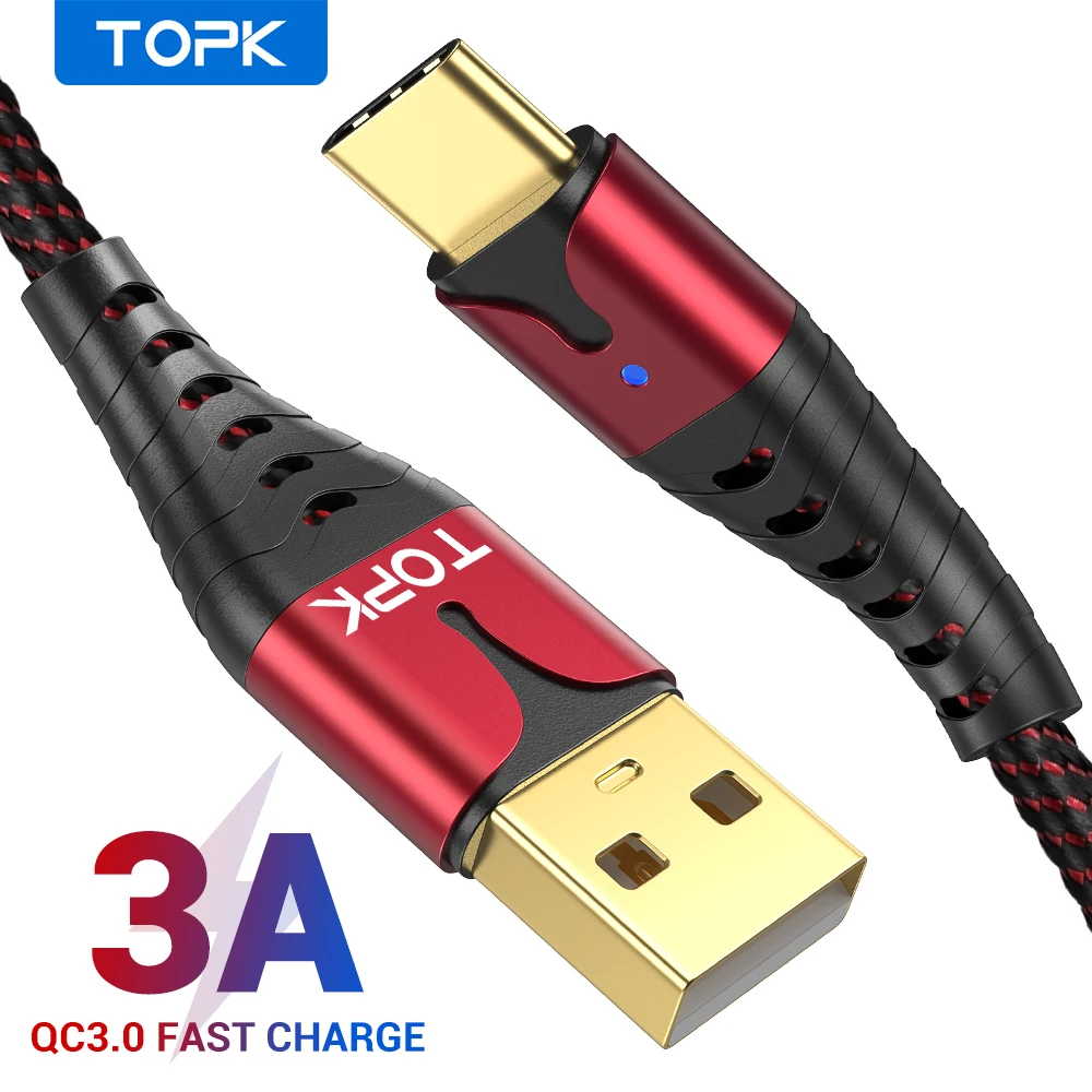 Кабель USB Type C TOPK со светодиодной подсветкой для быстрой зарядки и передачи