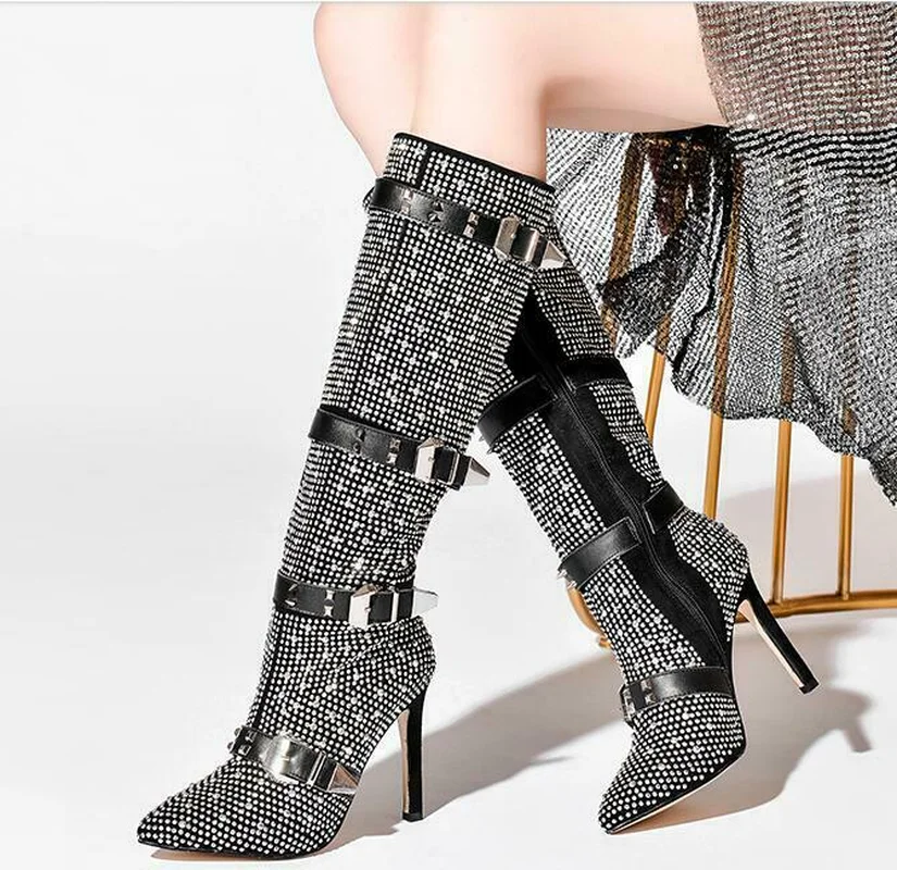 Ladiesn Stilettos High Heel Ankle/knee Thigh Boots Studded Rhinestones Shoes Crystal Womens Genuine Leather Belt Buckle Sz | Обувь