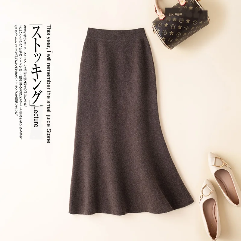

New 100% pure cashmere fishtail hip skirt autumn winter medium length high waist A-line wool skirt knitted thickening