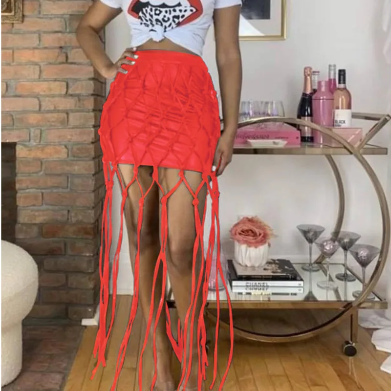 Faux Leather PU Tassel Criss Cross Skinny Skirt Women High Waist Sexy Cool Party Clothes Club Street Bodycon Short | Женская одежда