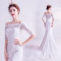 mermaid wedding dresses satin lace scoop neck half sleeve floor length bridal gown court train zipper back