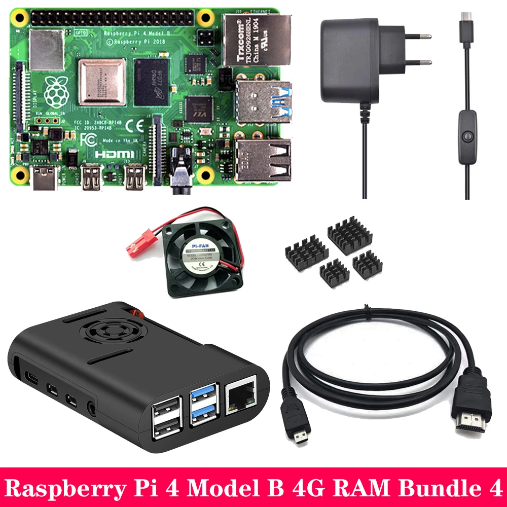 Комплект 4 Raspberry Pi 4 Модель B 2G 4G ram+ ABS чехол+ вентилятор охлаждения+ блок питания зарядное устройство+ алюминиевый радиатор для Raspberry Pi 4 Модель B - Комплект: Комплект 4