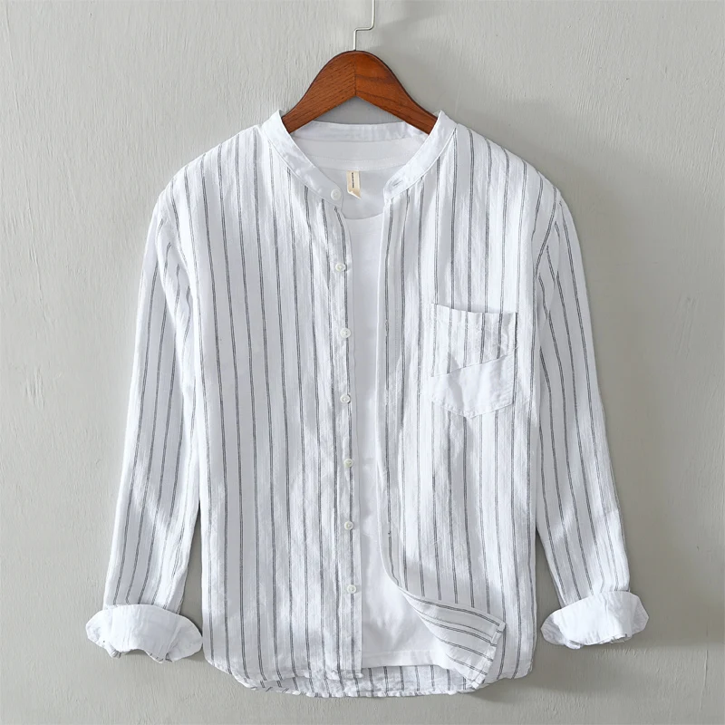 

Designer new Italy style long-sleeved stripe casual men shirt linen and cotton shirts for men stand collar shirt mens chemise