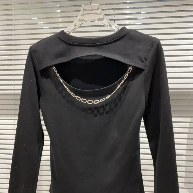 

Fashion Metal chain hollow low-cut o-neck stretch shirt women bottoming top tees
