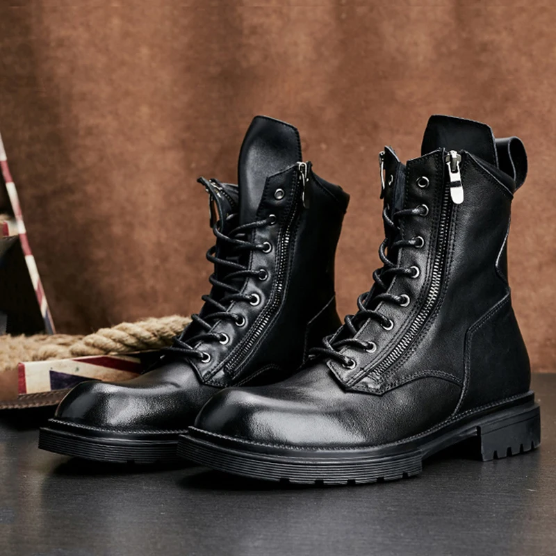 

Fashion Men's Leather Motorcycle Ankle Boots Low Heels Lace Up Round Toe Casual Shoes L25
