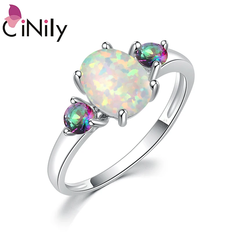 Кольцо CiNily на палец с белым огненным опалом и камнем посеребренное Радужное