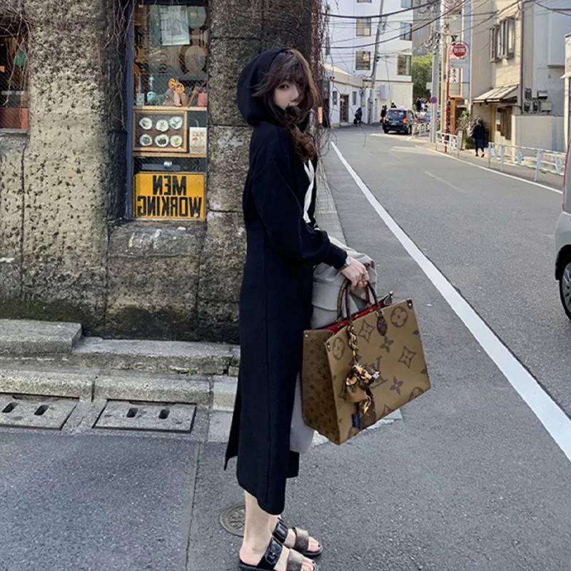 Большие размеры M-4XL женское Спортивное платье с капюшоном серого и черного цвета