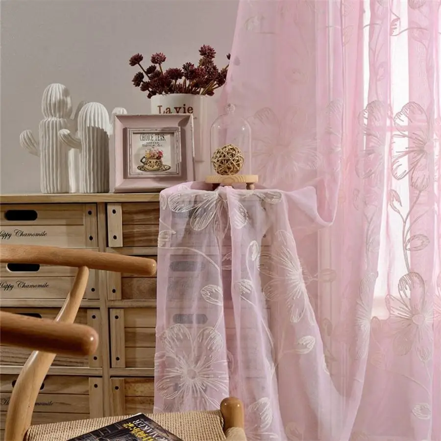 Шторы из прозрачного тюля с цветочной вышивкой для гостиной девушек розовые
