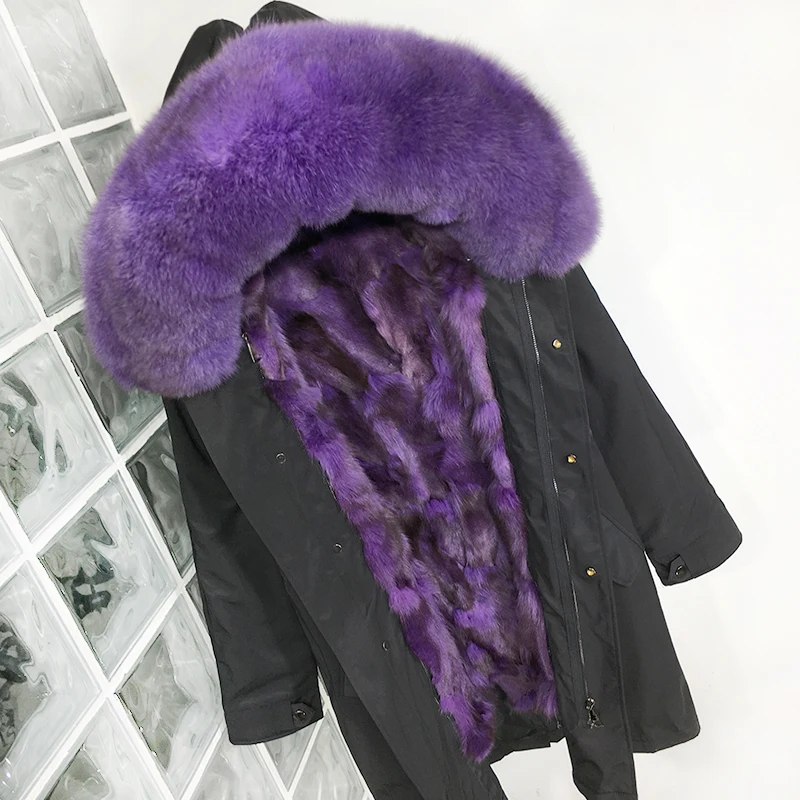 Plus Size Real Fur Coat Waterproof Parka Mujer Winter Jacket Women Natural Fox Fur Collar Liner Hood Thick Warm Outerwear Hat - Color: MiddleLong Purple
