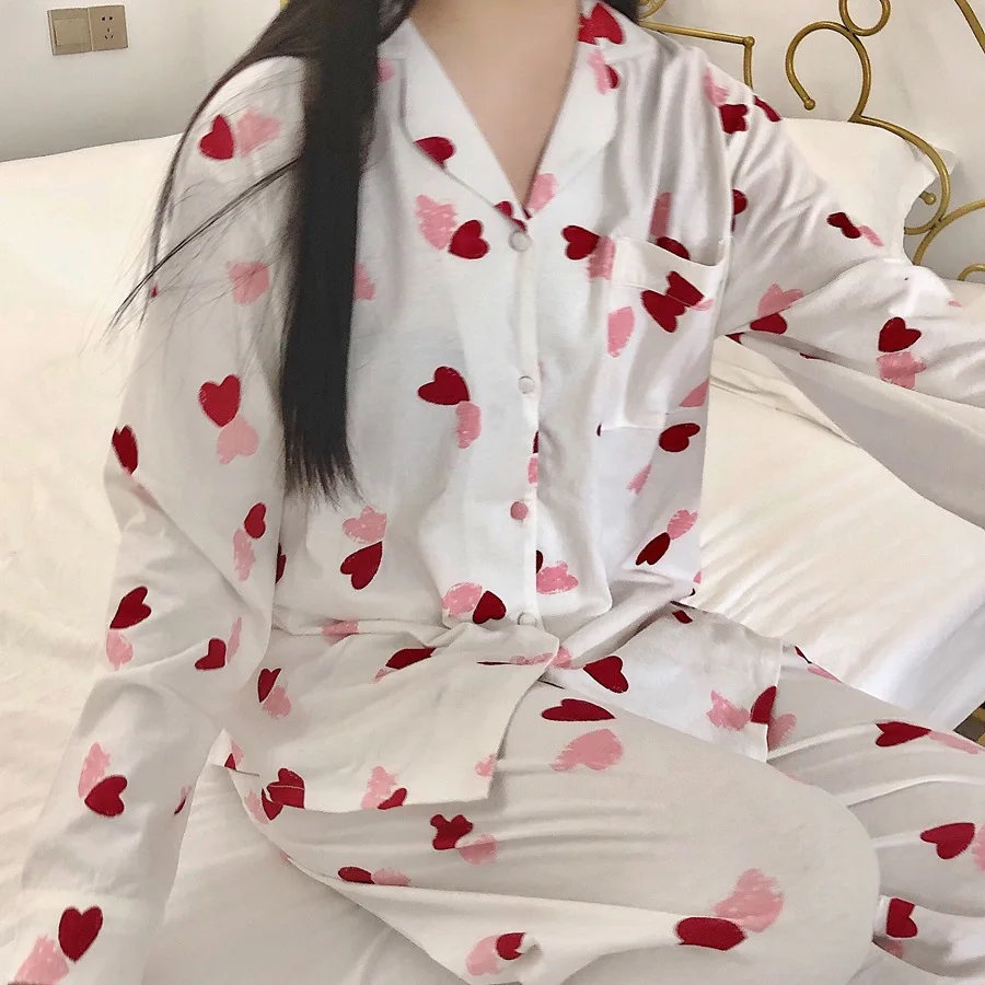 

Autumn Spring Women Cotton Pajamas Set Love Print Sleepwear Female Long Sleeve Pyjamas Girls Thin Homewear Nightsuit 2 Pieces