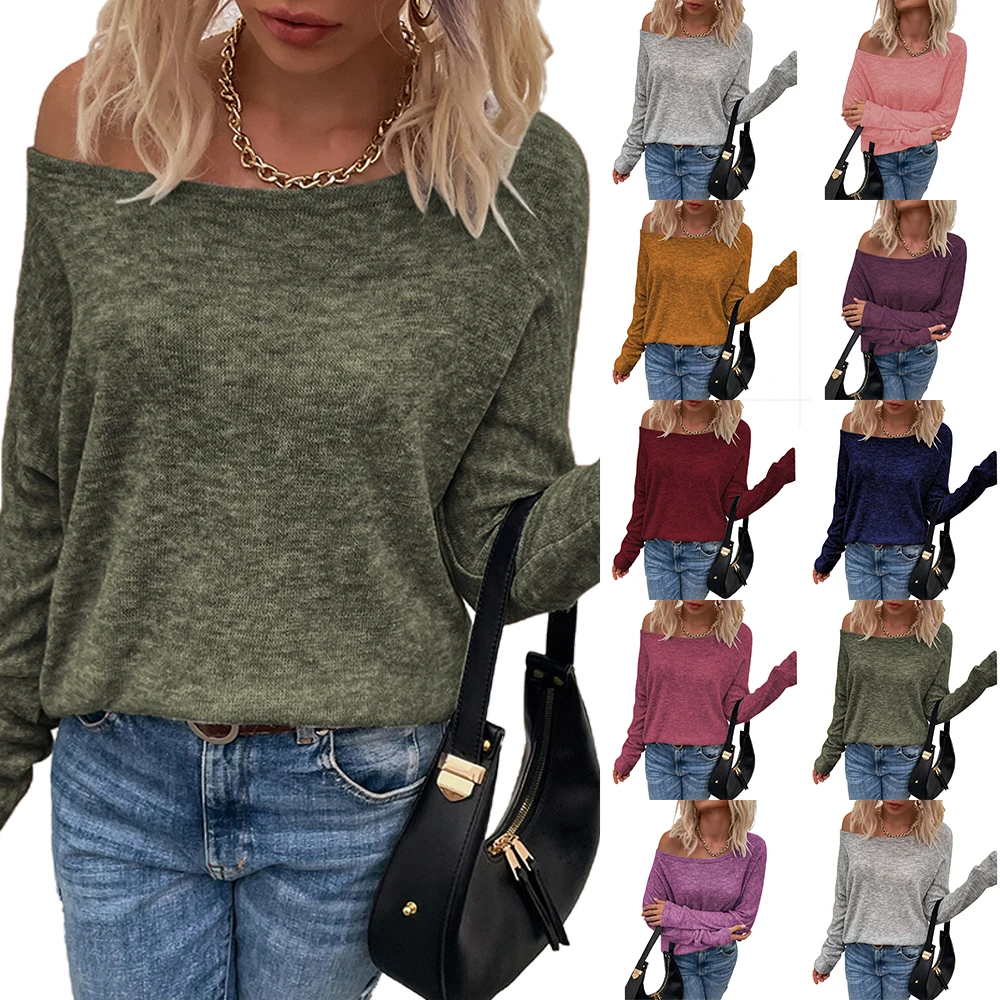 

Sexy Ladies One Shoulder Long Sleeve T-shirt Knitwear Solid Color Women Loose Pullover Tops