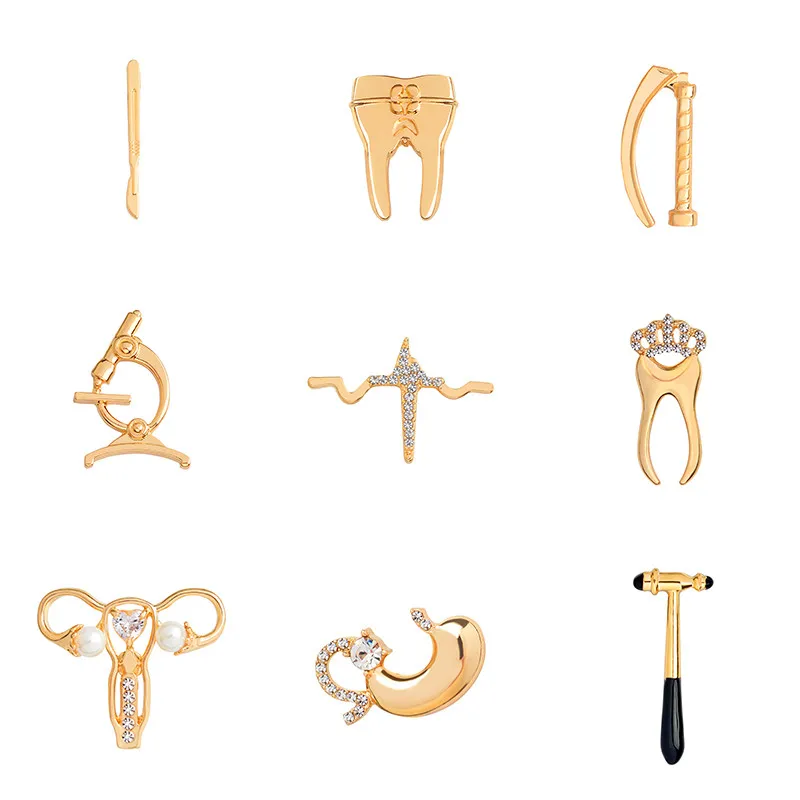 

Medical Brooches Collection Crystal Uterus Microscope Scalpel Stomach ECG Tooth Pins Jewelry for Doctor Nurse Badge Wholesale