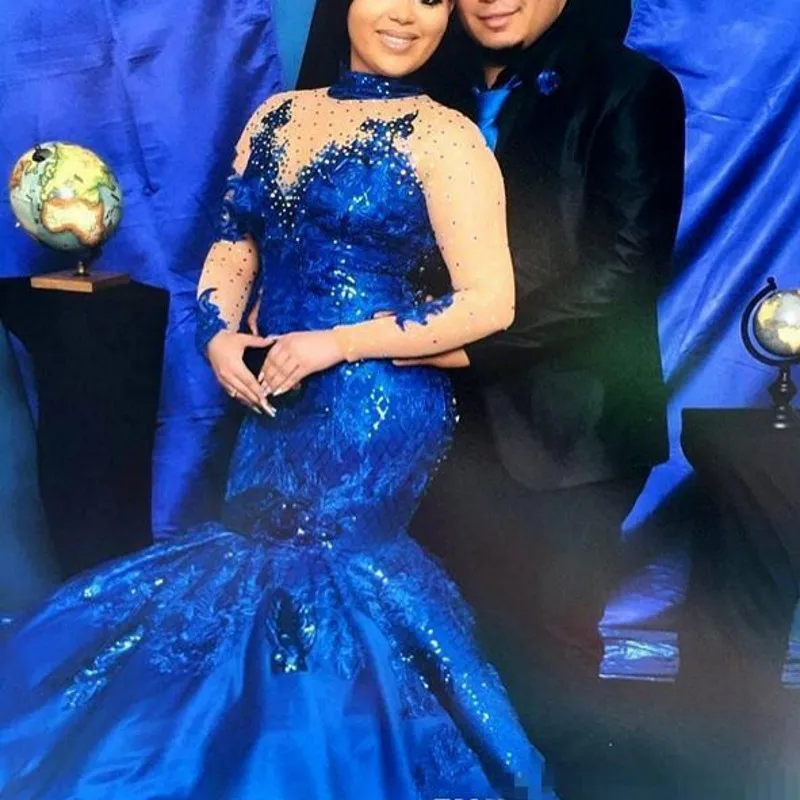 

abiye Royal Blue Evening Dresses High Neck Long Sleeves Lace Appliques Evening Gowns Plus Size Satin Mermaid Formal Wear Elegant