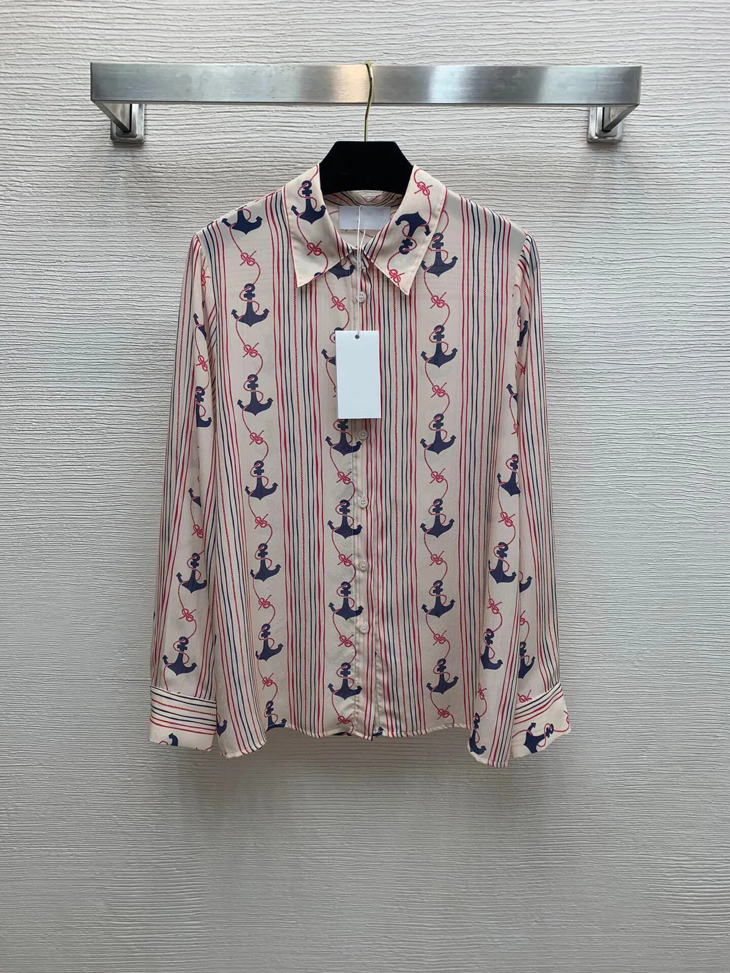 

High Quality Women's Custom Silk Fabric Striped Print Pattern Long Sleeve Crepe De Chine Shirt Blouse