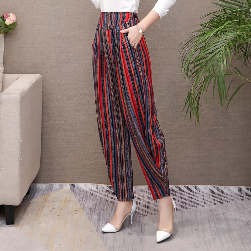 Women Summer Pants 2023 New Style Women Cotton Print Vintage Plaid  Elastic Waist Loose Casual Female Trousers