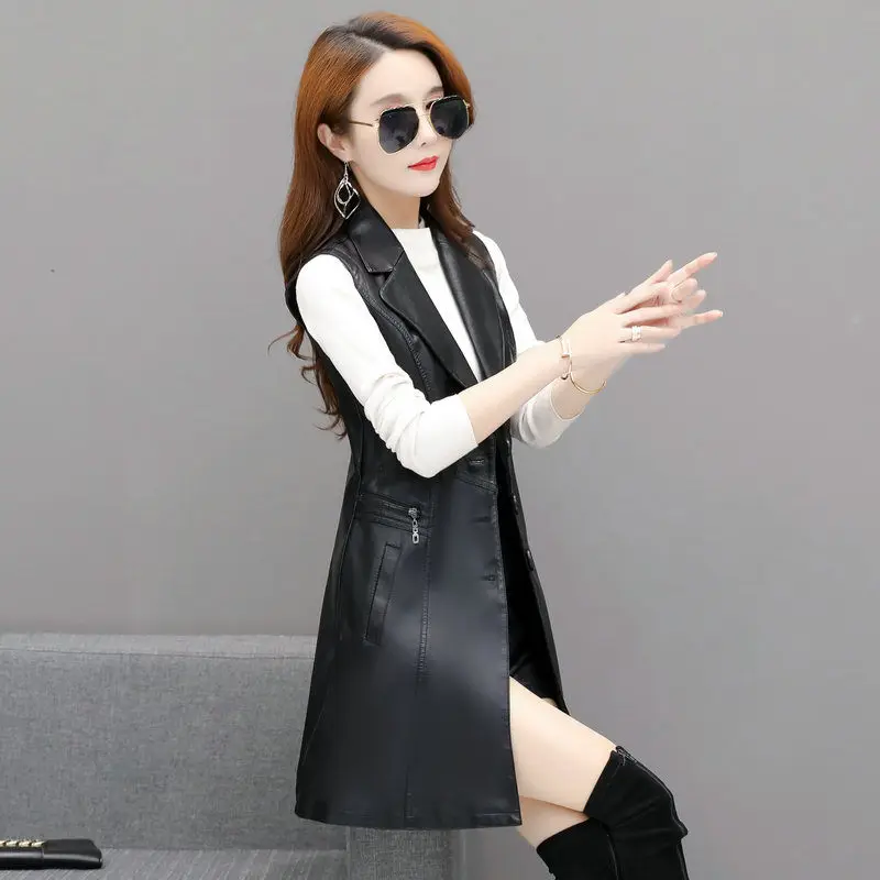 Черный кожаный жилет без рукавов женский длинный секционный 2020 Весна Осень