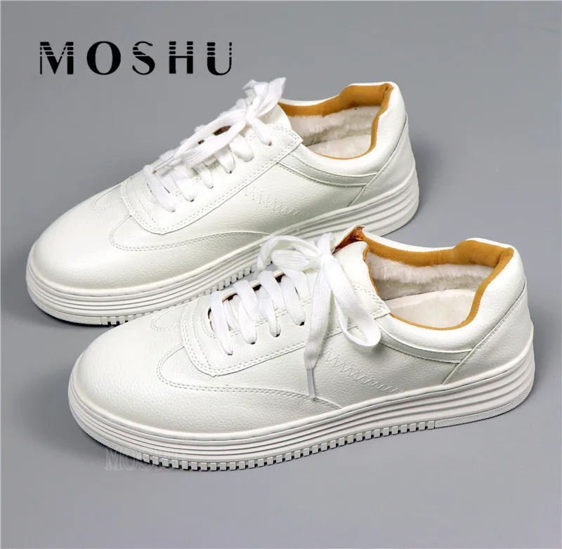 Winter Platform Sneakers Women White Shoes Ladies Lace Up Split Leather Vulcanize Tenis Feminino Fur Wedage | Обувь