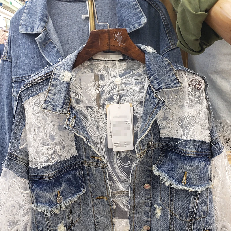 Cakucool Denim jacket Autumn vintage ethnic mesh embroidery holes loose coat fairy chic Outerwear jaqueta fashion women 2020 | Женская