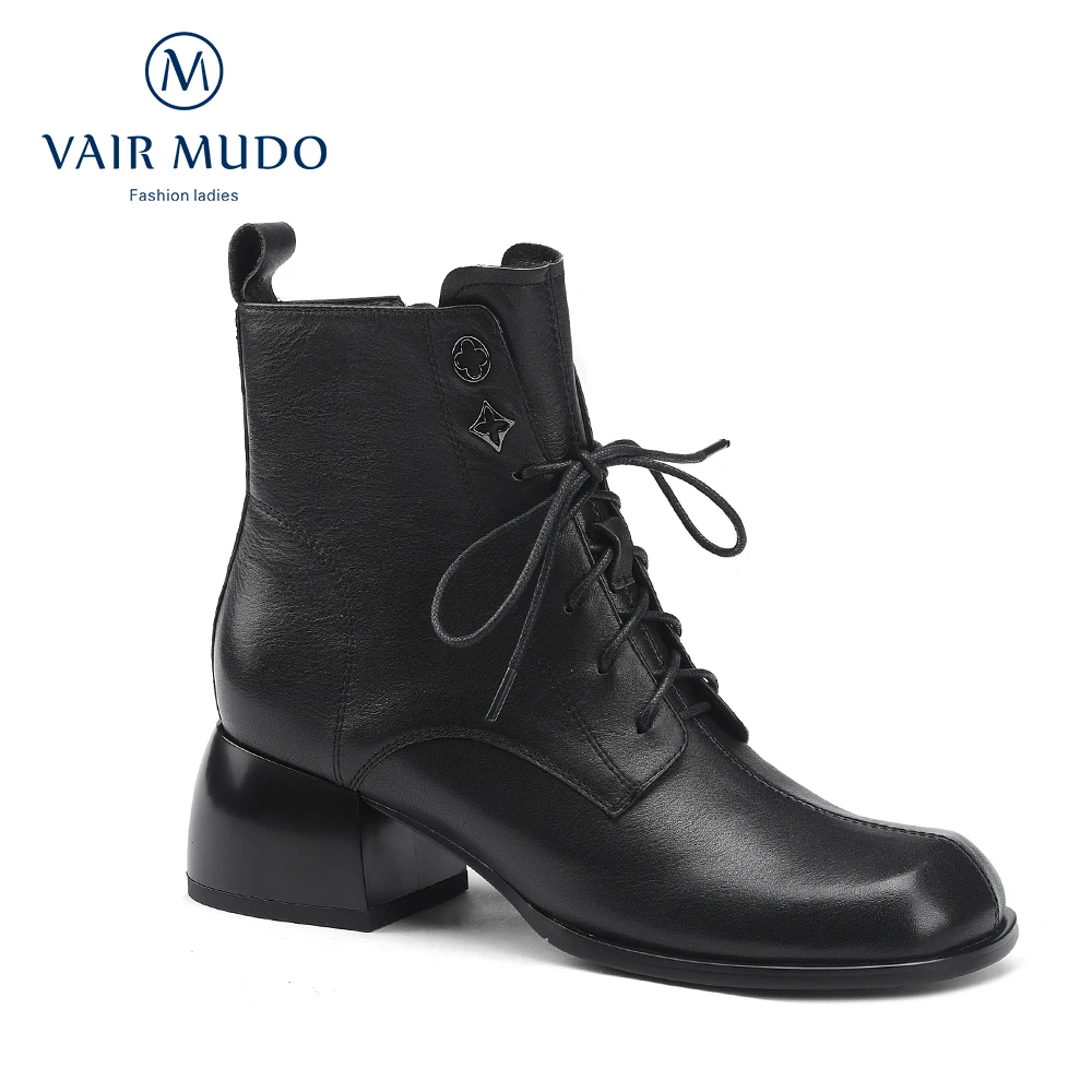 

VAIR MUDO Women Ankle Boots Shoes High Heels Black White Genuine Leather Elegant Fashion Shoes Lace Up Round Toe Boots WM-X373-C