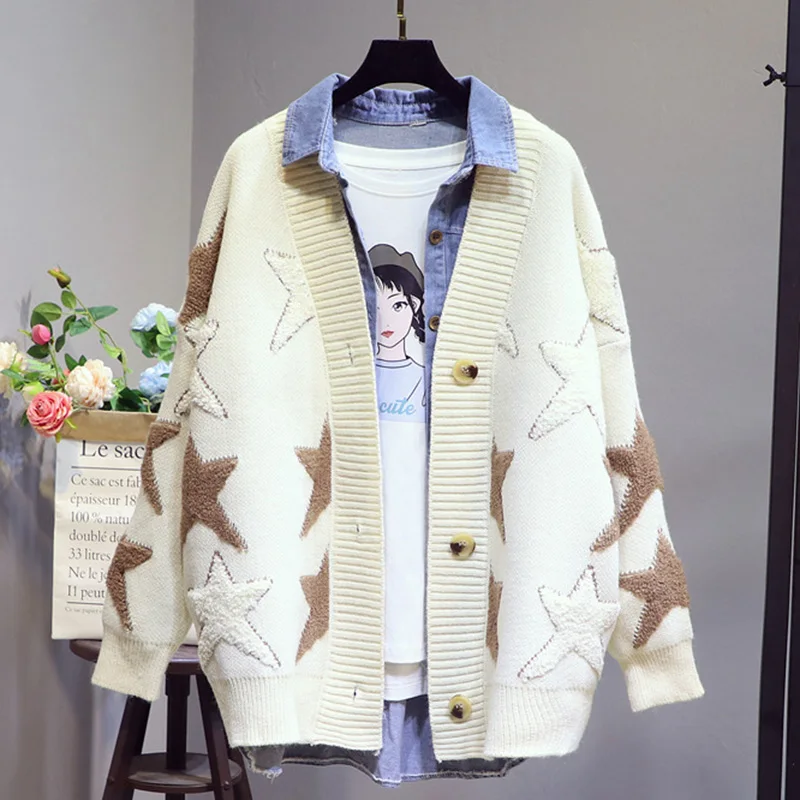 AZYT модный лоскутный вязаный свитер со звездами и вышивкой кардиган Женская