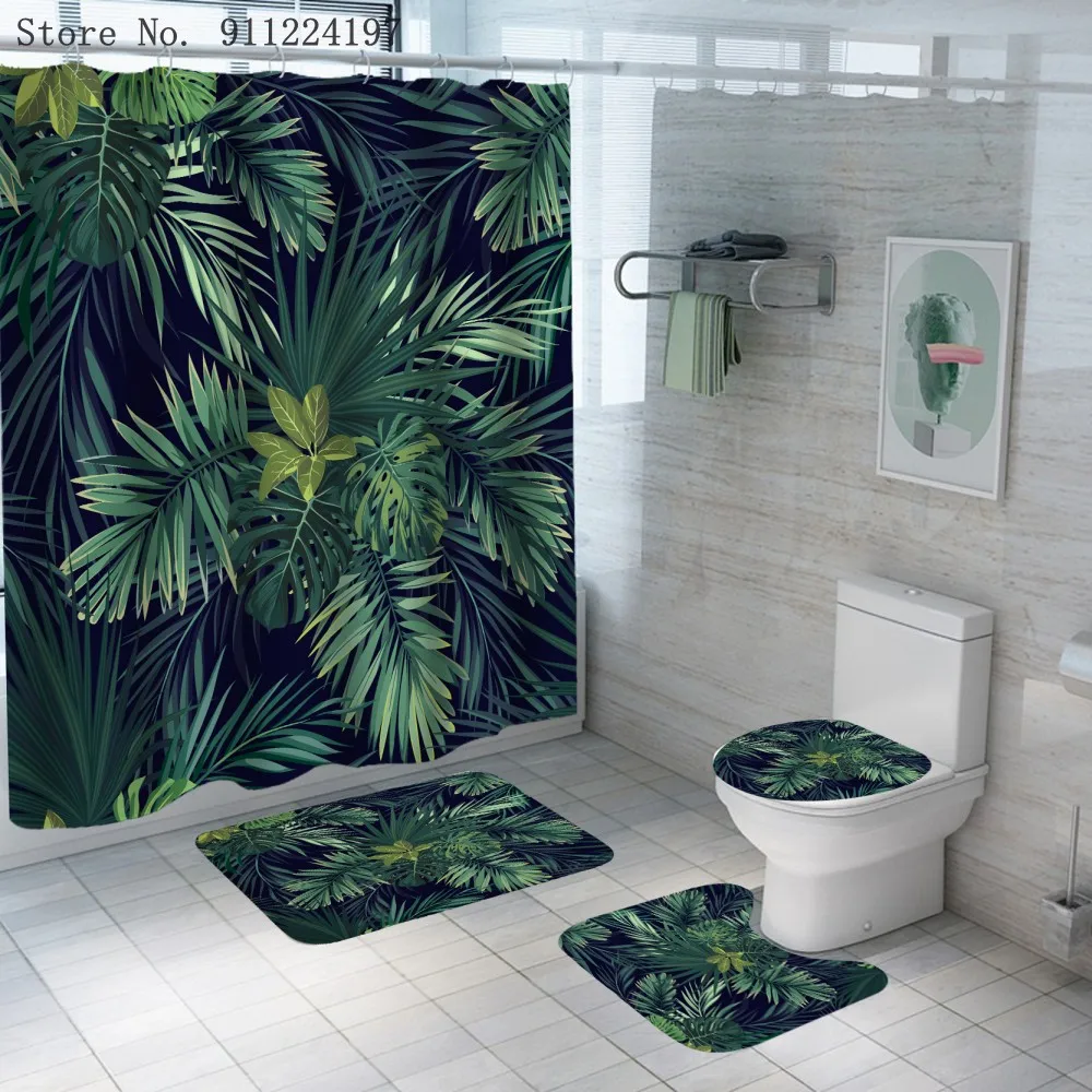 

Green Plant Printing Bathroom Set Fresh Simple Shower Curtain With 12 Hooks Non-Slip Floor Mat Toilet Lid Cover Bathroom Rug