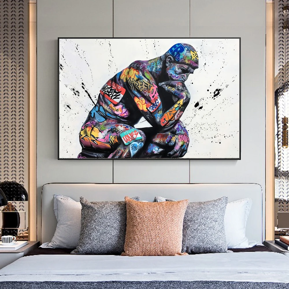 

Thinker Man Graffiti Art Canvas Paintings on the Wall Art Posters and Prints Abstract Street Art Pictures For Living Room Decor