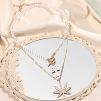 just feel double layer pearl chain mushroom ot buckle necklace for women golden crystal maple leaf pendant necklace punk jewelry
