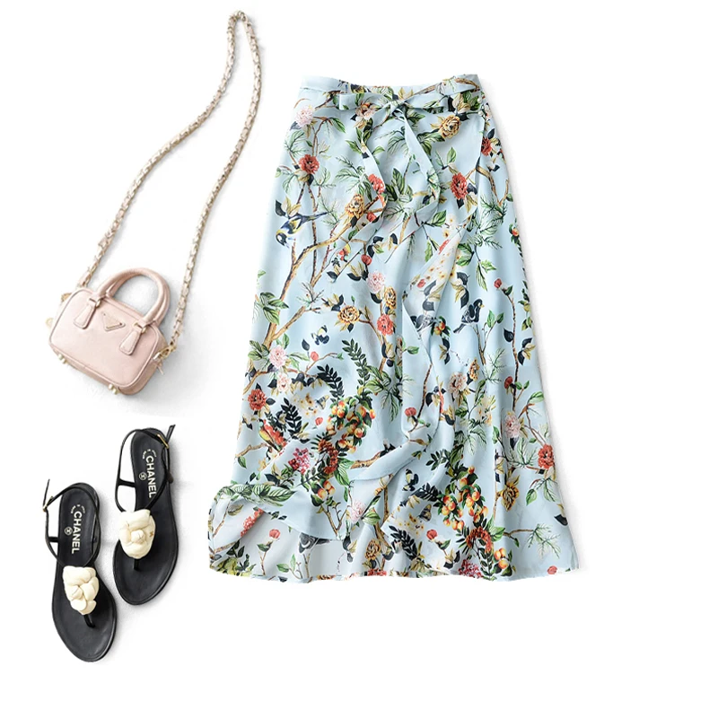 100% Silk Skirt Women Casual Style 2 Colors Asymmetrical Slits Printed Sashes Beach Skirts High Quality Fabric New Fashion