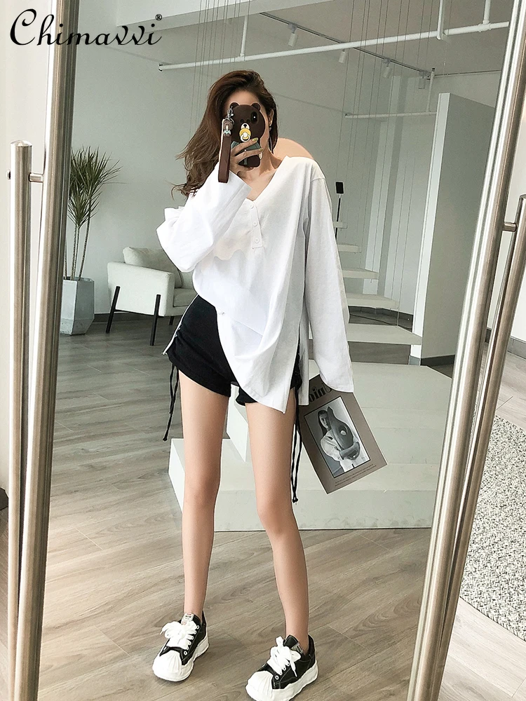 

Women's V Neck Long Sleeved White T Shirt Early Autumn 2021 Loose Casual Top Female Korean Style Black Cotton T Shirt
