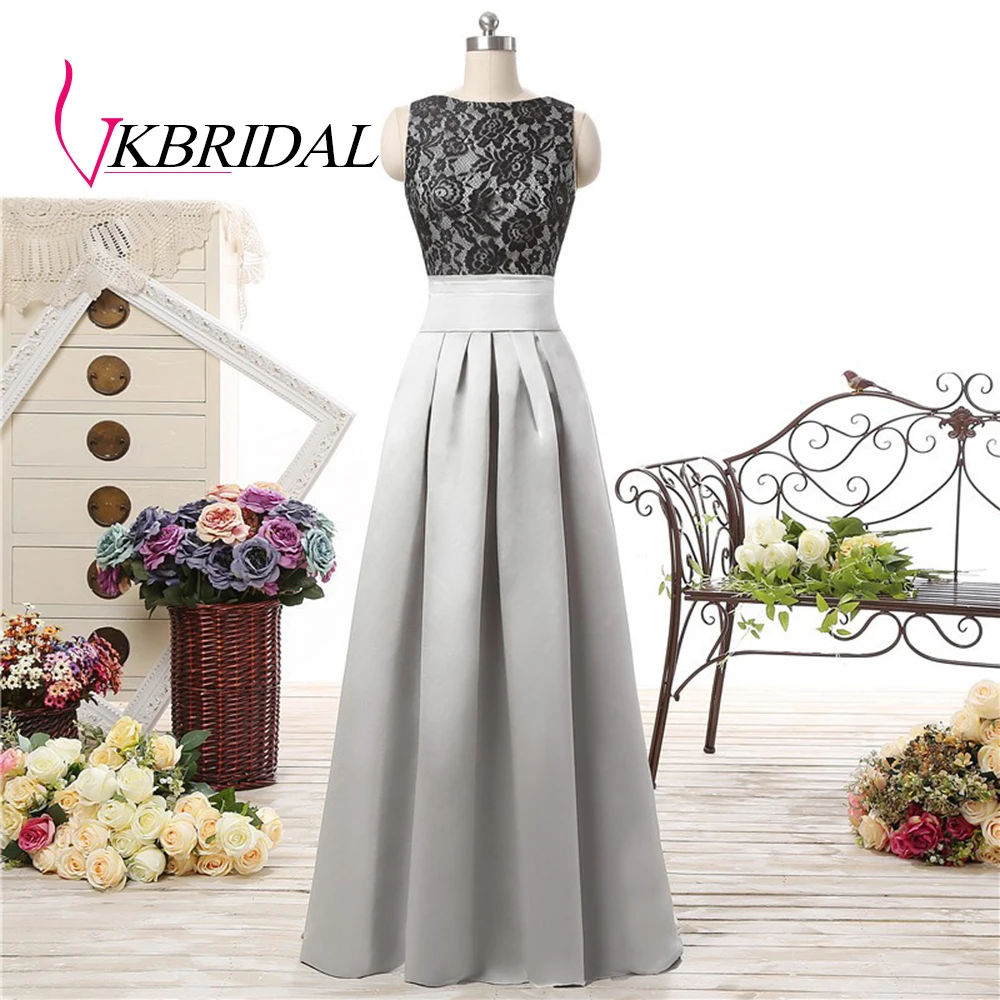 

VKBRIDAL Silver Satin Bridesmaid Dresses Black Lace Bodice Backless Long Wedding Guest Party Dress