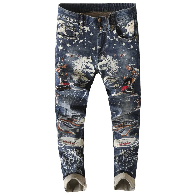 

New Men's Male Embroidery Painted Jeans Fashion Stretch Denim Slim Pencil Pants Embroidered Trousers