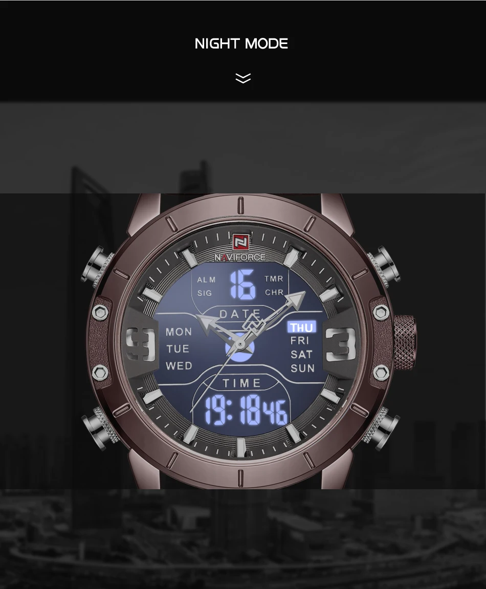 NAVIFORCE, военные спортивные светодиодный цифровые часы, мужские водонепроницаемые кварцевые аналоговые часы, ремешок из натуральной кожи, модные наручные часы