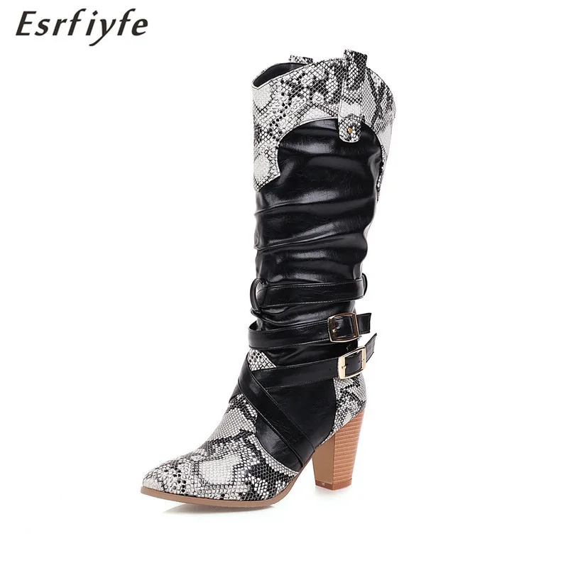 

ESRFIYFE 2020 New Snakeskin Leather Women Western Boots Cowboy Boots Women Cross Buckles Square High Heels Middle Tube Booties