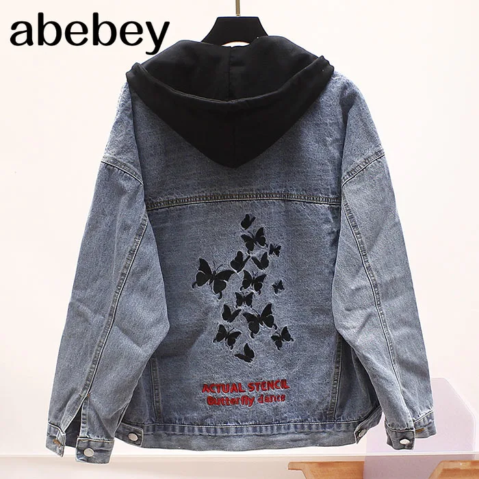 

Vintage Jacket for Women 2022 Summer Autumn Denim Jackets Fashion Ripped Hole Jeans Coat hooded Outwear Harajuku Bomber Jacket