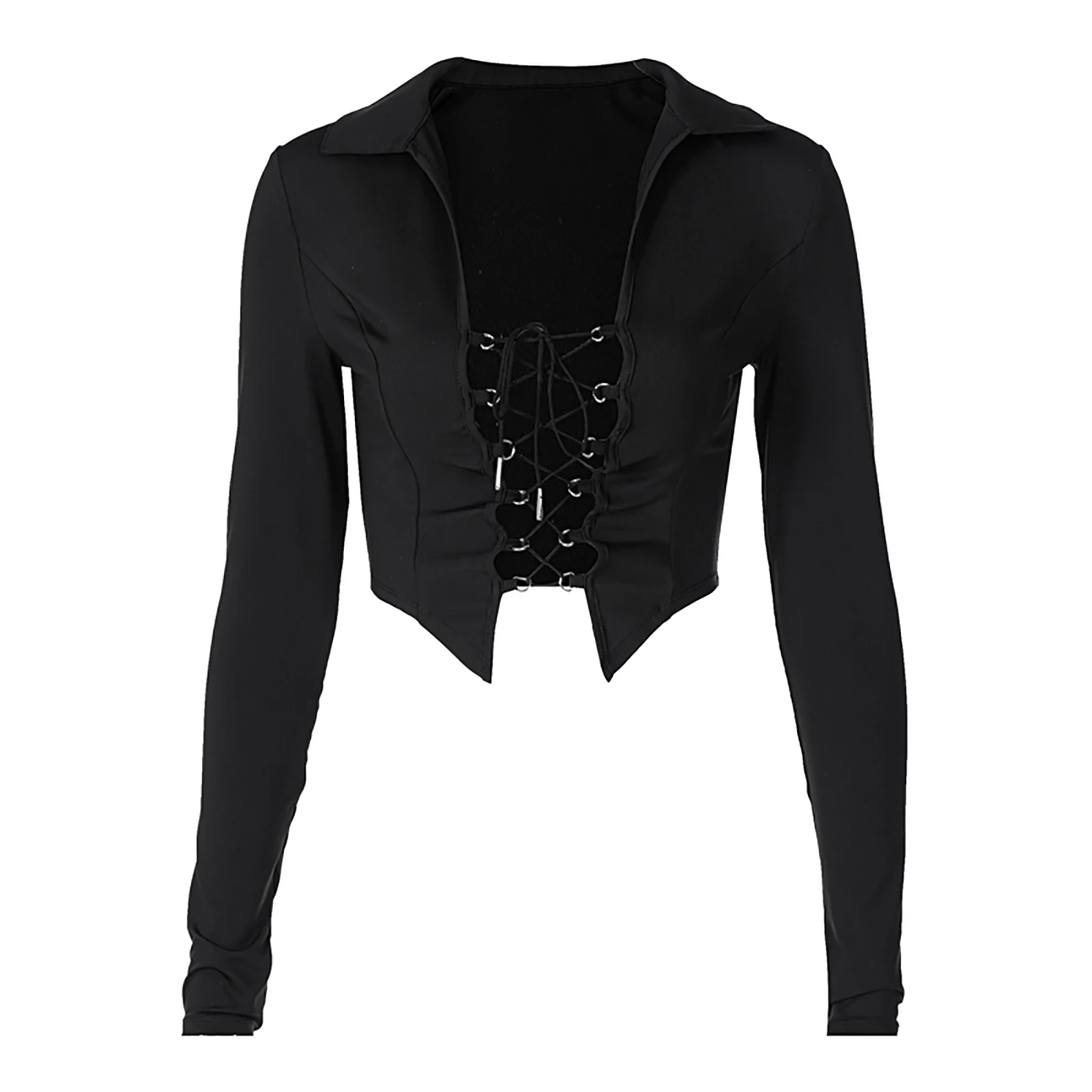 

Womens Casual Long Sleeve Cardigan Fashion Solid Color Hollow Bandage Exposed Navel T-shirt