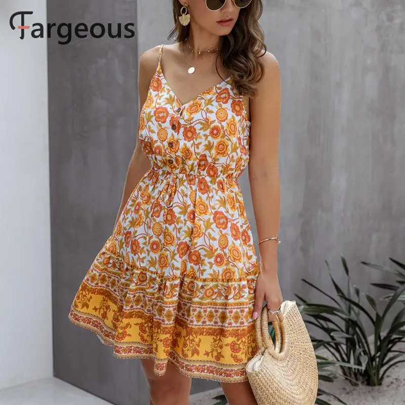 Fargeous Boho принт спагетти ремень сарафан для женщин 2020 летнее повседневное с