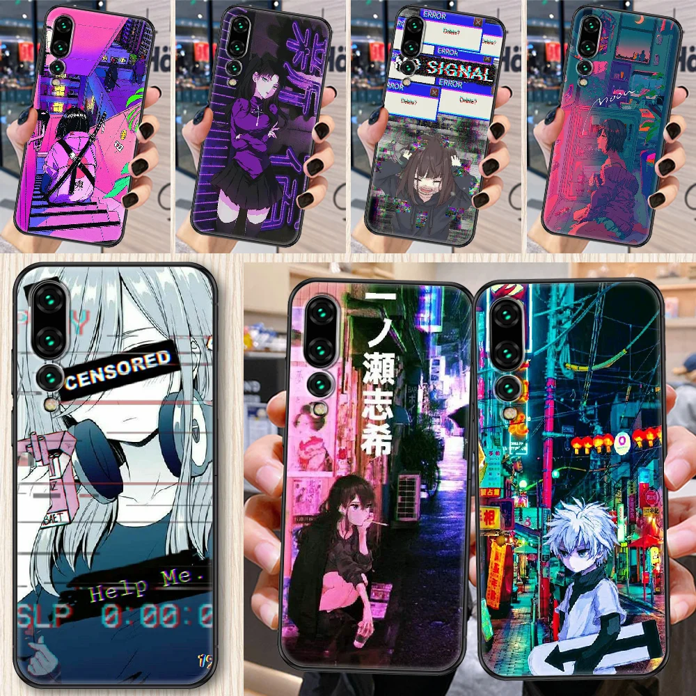

Vaporwave Glitch Anime Phone Case For Huawei P Mate P10 P20 P30 P40 10 20 Smart Z Pro Lite black trend shell 3D hoesjes tpu