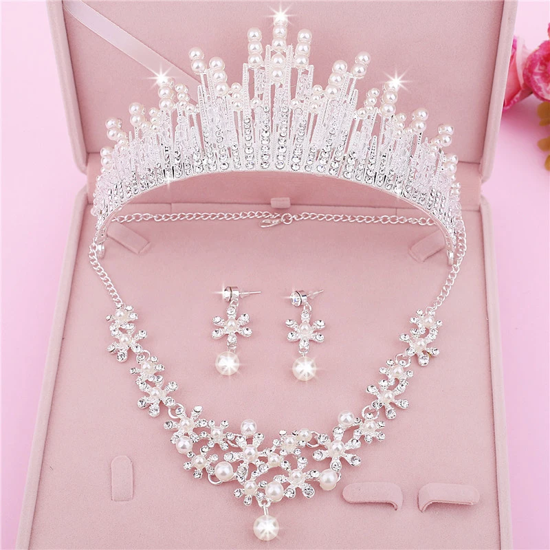 Wedding Jewelery Set Rhinestone Jewellery Necklace Sets for Women Crystal Pearl Earing Bridal Jewelry Sets Crown Tiara Bride