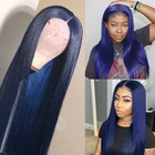 Темно-синий кружевной передний человеческий волос, искусственный синий парик, бразильский парик на сетке с застежкой, предварительно выщипанный T-образный парик на сетке, отбеливающие узлы